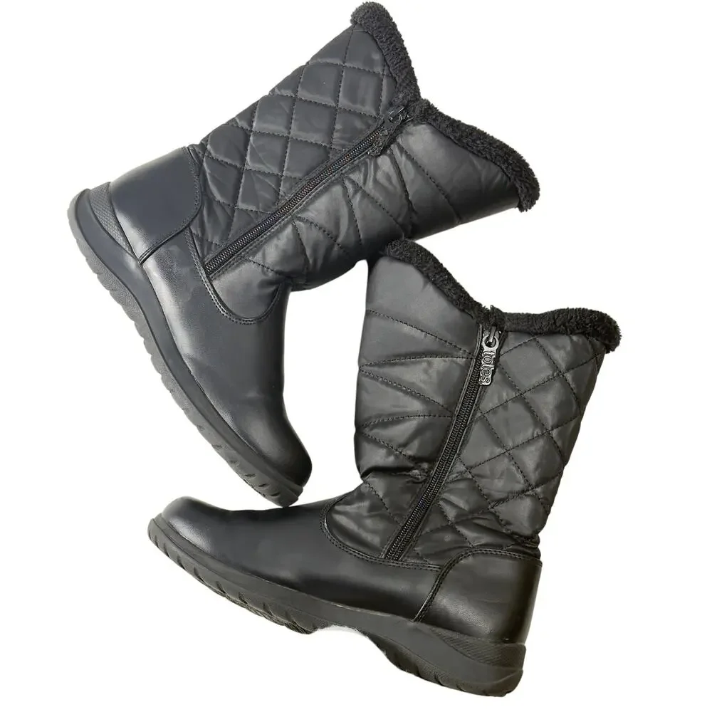 Totes Joni Rain Snow Boots Woman 6M Quilted Double Side Zipper Black Faux Fur
